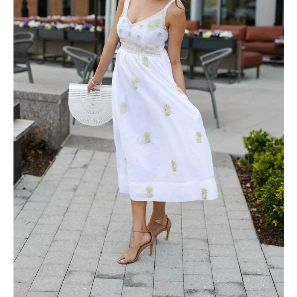 Gretchen Scott hand embroidered midi dress Fiesta Time white/gold, size medium